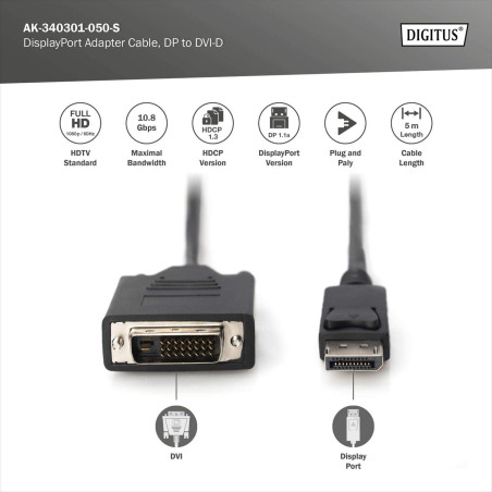 DIGITUS DisplayPort adapter cable, DP - DVI (24+1) M/M, 5.0m, w/interlock, DP 1.1a compatible, CE, noir
