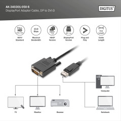 DIGITUS DisplayPort adapter cable, DP - DVI (24+1) M/M, 5.0m, w/interlock, DP 1.1a compatible, CE, noir