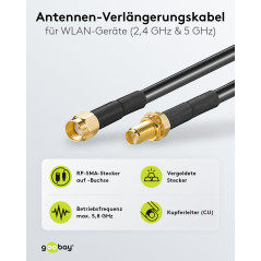 Goobay 51678 Câble d'extension d'antenne WLAN, RP SMA mâle sur RP SMA femelle, noir / doré, 5m