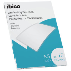 Ibico Pochettes de Plastification A3, 150 microns (2x75), Haute Protection et Durabilité des Documents, Paquet de 100, Finition 