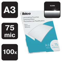 Ibico Pochettes de Plastification A3, 150 microns (2x75), Haute Protection et Durabilité des Documents, Paquet de 100, Finition