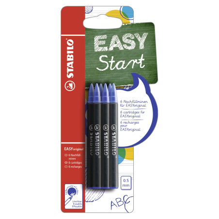 STABILO - EASYoriginal, Recharges pour Stylo Roller Ergonomique, Blister x 6 Recharges, Encre Bleue Effaçable, Pointe 0.5 mm