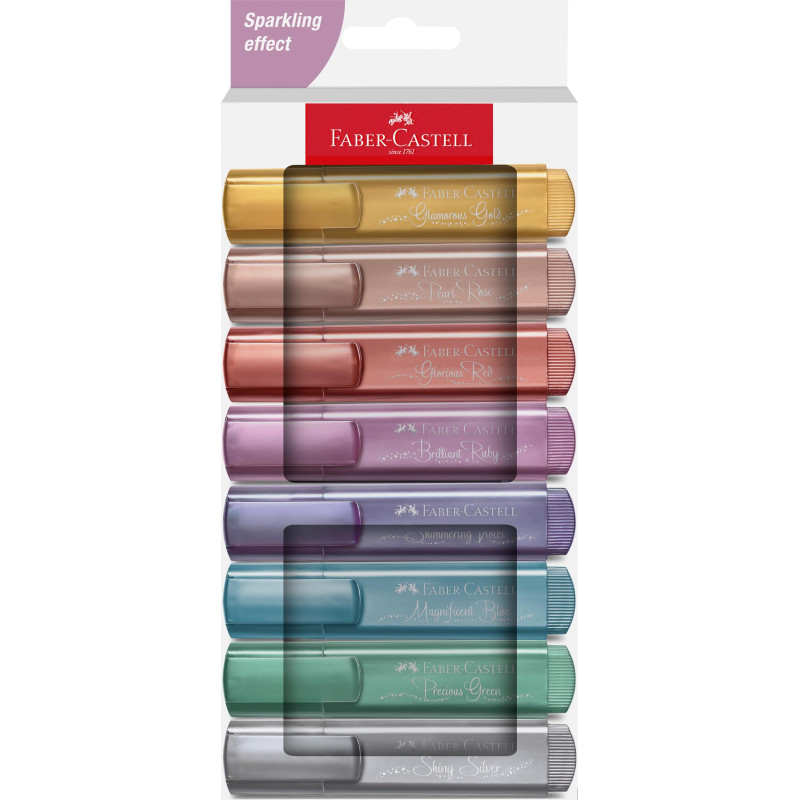 Faber-Castell 254678 Pochette de 8 Surligneurs Métalliques, Pointe Biseautée de Précision, Couleurs Vibrantes, Marqueurs Plats E Faber-Castell 254678 Pochette de 8 Surligneurs Métalliques, Pointe Biseautée de Précision, Couleurs Vibrantes, Marqueurs Plats E
