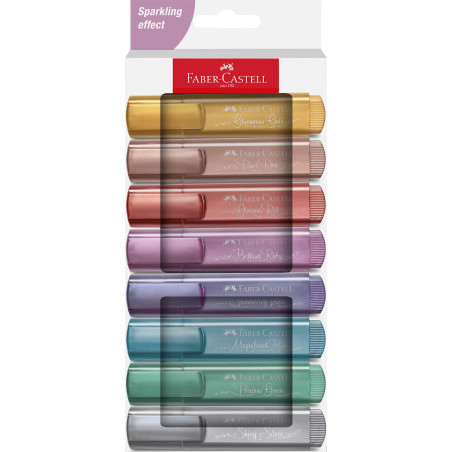 Faber-Castell 254678 Pochette de 8 Surligneurs Métalliques, Pointe Biseautée de Précision, Couleurs Vibrantes, Marqueurs Plats E