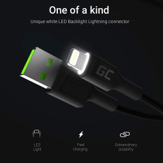 Green Cell Câble USB-A - Lightning 1.2m avec rétro-éclairage LED Chargeur Cable noir compatible pour Apple iPhone 14 13 12 11 SE
