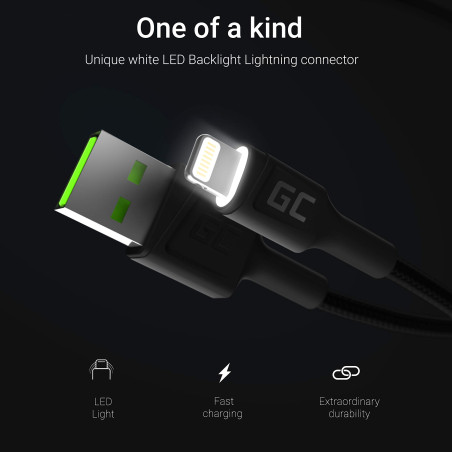 Green Cell Câble USB-A - Lightning 1.2m avec rétro-éclairage LED Chargeur Cable noir compatible pour Apple iPhone 14 13 12 11 SE