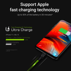 Green Cell Câble USB-A - Lightning 1.2m avec rétro-éclairage LED Chargeur Cable noir compatible pour Apple iPhone 14 13 12 11 SE