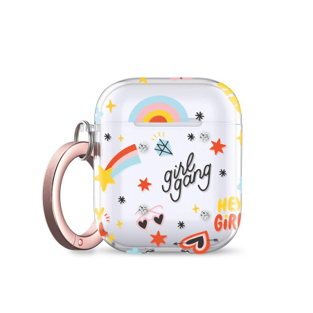 Keybudz Elevate Swarovski PodSkinz Coque pour AirPods 2 et 1 avec Cristaux Swarovski et Mousqueton en Or Rose (Girl Power)