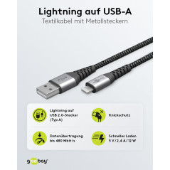 goobay 49269 Câble Lightning Apple – Certifié MFi – Câble textile extra résistant premium avec connecteurs métalliques – 2 m