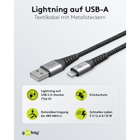 goobay 49269 Câble Lightning Apple – Certifié MFi – Câble textile extra résistant premium avec connecteurs métalliques – 2 m