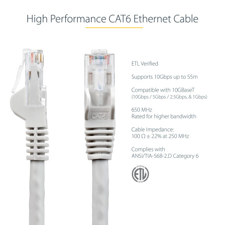 StarTech.com Câble réseau Cat6 Gigabit UTP sans crochet de 10 m - Cordon Ethernet RJ45 anti-accroc - M/M - Gris (N6PATC10MGR)