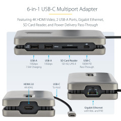 StarTech.com Adaptateur Multiport USB-C 6 en 1 - Mini Dock USB Type-C vers 4K 60Hz HDMI 2.0-100W Power Delivery Pass-Trough - SD