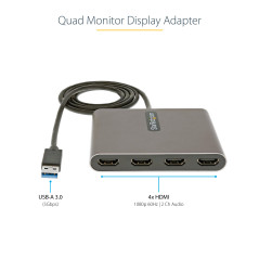 StarTech.com Adaptateur USB 3.0 vers Quad HDMI, USB vers 4x HDMI pour Windows (Pas de Support pour macOS/ChromeOS/Linux)