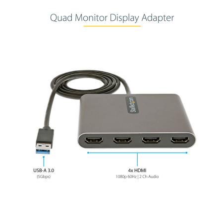 StarTech.com Adaptateur USB 3.0 vers Quad HDMI, USB vers 4x HDMI pour Windows (Pas de Support pour macOS/ChromeOS/Linux)