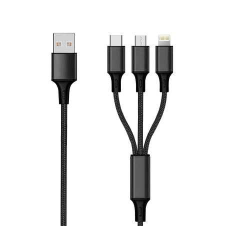 Câble de Charge USB 3 en 1 - Noir - 150 cm - pour Micro USB & Apple 8 Broches & USB Type C