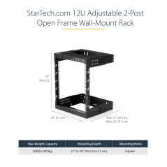 StarTech.com Rack Réseau Mural 12U à 2 Montants, Rack Serveur 19" à Cadre Ouvert, Profondeur Ajustable, Rack de Données Mural po
