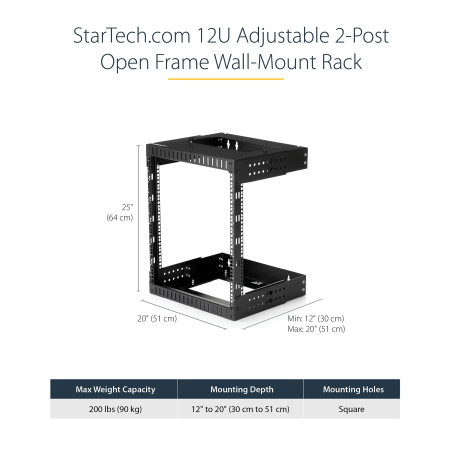 StarTech.com Rack Réseau Mural 12U à 2 Montants, Rack Serveur 19" à Cadre Ouvert, Profondeur Ajustable, Rack de Données Mural po