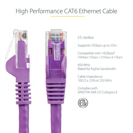 StarTech.com Câble réseau Cat6 UTP sans crochet - 50 cm Violet - Cordon Ethernet RJ45 anti-accroc - Câble patch (N6PATC50CMPL)