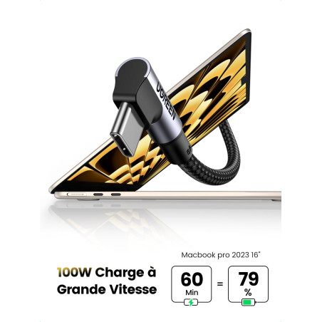 UGREEN Câble USB C vers USB C Coudé 100W Charge Rapide Câble USB Type C 5A en Nylon Tressé Compatible avec iPhone 17 Pro Max Air