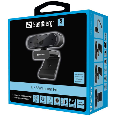 Sandberg USB Webcam Pro | Webcam 1080P avec Microphone pour PC, Ordinateur Portable, MacBook | Caméra de Streaming pour la confé