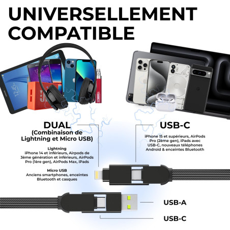 Rolling Square inCharge X – Câble de charge USB C, câble Lightning pour smartphone, câble universel 6 en 1, prise USB, noir, 100