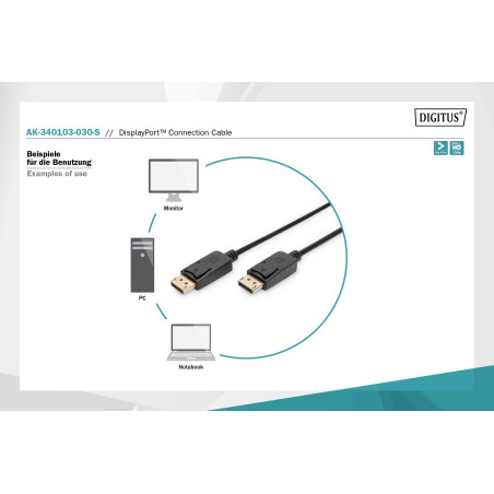 DIGITUS Câble DisplayPort - Full-HD 1080p/60Hz - 3m - avec verrouillage - Displayport 1.1a - Compatible avec PC, moniteur, carte