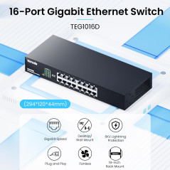 Tenda Switch Ethernet 16 Ports, Switch Gigabit 10/100/1000 Mbps, Plug & Play, Rackable, Auto MDI/MDIX, Format Bureau, Boitier Mé