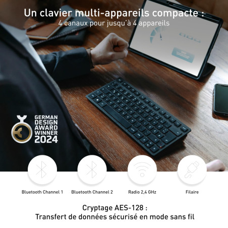 CHERRY KW 9200 Mini, Clavier Compact Multi-Appareils Jusqu’à 4 Appareils, Disposition Espagnole (QWERTY), Bluetooth, 2,4 GHz ou