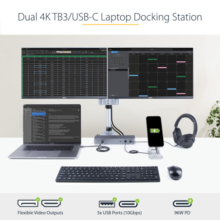 StarTech.com Dock Thunderbolt 3 Compatible Hôte USB-C - Écrans Double 4K 60Hz DP 1.4 ou Double HDMI - Simple 8K - Station d'Acce