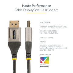 StarTech.com Câble DisplayPort 1.4 Certifié VESA 4m - 8K 60Hz HDR10 - Vidéo Ultra HD 4K 120Hz - Cordon Moniteur/Écran DP 1.4 - C