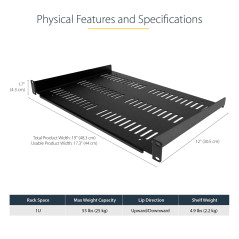 StarTech.com Étagère Rack 19 pouces 1U - Plateau Rackable Universel Ventilé - Étagère Cantilever Baie de Brassage 19" - Rangemen