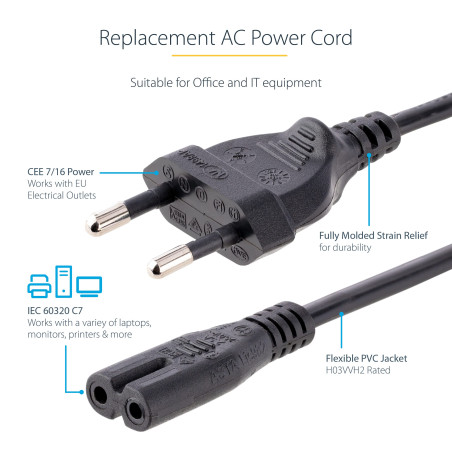 StarTech.com Câble d'alimentation pour Ordinateur Portable de 2m - Prise EU vers C7, 2,5A 250WG, 18AWG - Câble d'alimentation po