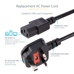 StarTech.COM Câble d'alimentation pour PC UK - BS 1363 à C13, 18AWG, 10A 250V - Cordon d'alimentation Ordinateur/Ordinateur Port