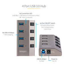 StarTech.com Hub USB-C avec Auto-Alimenté à 4 Ports - Hub USB Type C vers USB-A pour PC - Hub USB 3.0 5Gbps avec Alimentation 4 