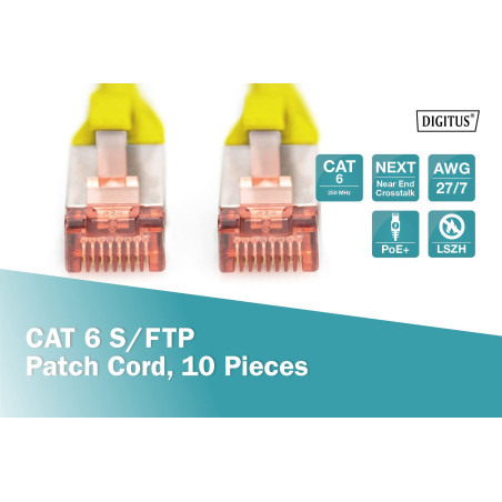DIGITUS Câble LAN Cat 6-1m - 10 pièces - RJ45 Câble réseau - S/FTP Blindé - Compatible Cat 6A & Cat 7 - Jaune