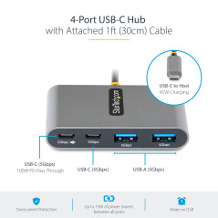 StarTech.COM Hub USB-C à 4 Ports avec 100W Power Delivery Pass-Through - Hub USB 3.0 4 Ports - USB-C vers USB-A - Splitter/Hub U