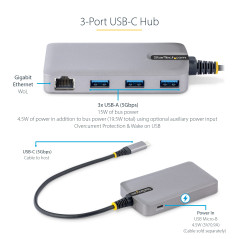 StarTech.com Hub USB-C à 3 Ports - 3x Ports USB-A, Gigabit Ethernet RJ45, USB 3.0 5Gbps, Alimentation par Bus - Hub USB Type-C a