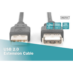 DIGITUS Câble d'extension USB 2.0 – 5 m – USB A (fiche) vers type A (prise) – 480 Mbps – pour imprimantes, lecteurs de cartes, c