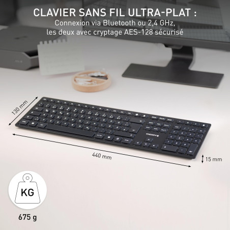 CHERRY KW 9100 SLIM, clavier au design sans fil, Disposition espagnole (QWERTY), Connexion au choix Bluetooth ou radio 2,4 GHz,