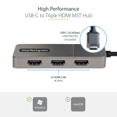 StarTech.com Hub USB-C MST à 3 Ports - Adaptateur Multi-Écrans USB C Vers 3X HDMI - Splitter Triple Jusqu'à 4K 60Hz Avec DP 1.4 