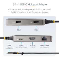 StarTech.com Adaptateur Multiport USB-C - 4K 60Hz HDMI avec HDR - Hub USB 3.0 5Gbps à 2 Ports - 100W Power Delivery Pass-Through