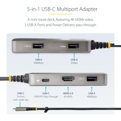 StarTech.com Adaptateur Multiport USB-C - 4K 60Hz HDMI avec HDR - Hub USB C 3 Ports - 100W Power Delivery Pass-Through - Adaptat