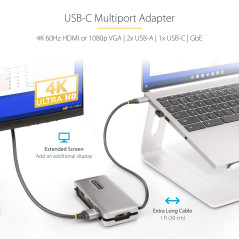 StarTech.com Adaptateur Multiport USB-C - 4K60Hz HDMI/VGA - Hub USB 3 Ports - 100W PD Pass-Through, GbE, Mini Station d'Accueil
