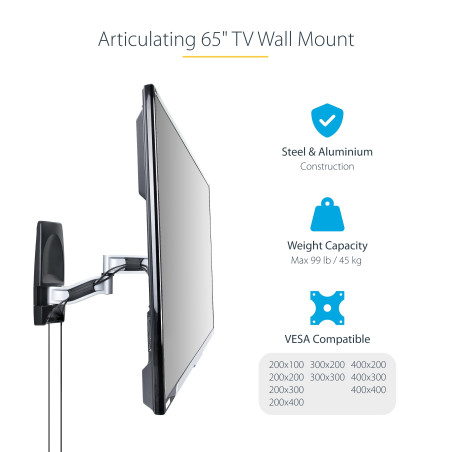 StarTech.com Support Mural TV Articulé - Support Mural VESA, Support TV de 26 à 65 Pouces - Accroche TV Murale Rétractable à Pro