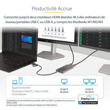 StarTech.com Adaptateur USB-C vers Double HDMI - USB-C ou A vers 2X HDMI - 4K 60Hz - 100W Power Delivery Pass-Through - Câble In