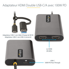 StarTech.com Adaptateur USB-C vers Double HDMI - USB-C ou A vers 2X HDMI - 4K 60Hz - 100W Power Delivery Pass-Through - Câble In