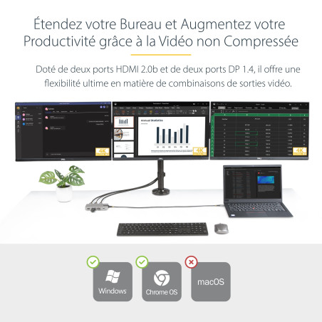 StarTech.com Adaptateur USB-C Triple Moniteur Multiport - Double HDMI 4K 60Hz + 4K 30Hz et DisplayPort, Hub USB 10Gbps 3 ports,