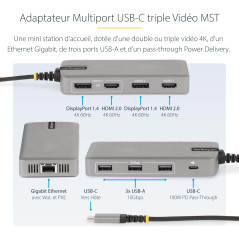 StarTech.com Adaptateur USB-C Triple Moniteur Multiport - Double HDMI 4K 60Hz + 4K 30Hz et DisplayPort, Hub USB 10Gbps 3 ports, 