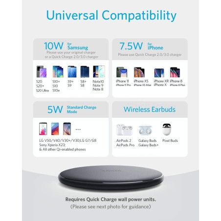 Anker Chargeur Induction PowerWave Pad 10W, Chargeur sans Fil Qi 10W Compatible Standard iPhone 5W pour iPhone 17/16/15 Plus Pro