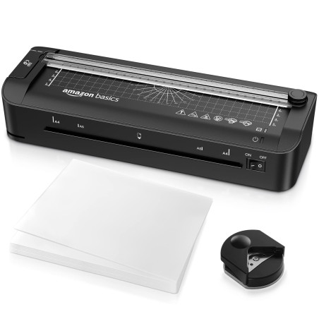 Amazon Basics Plastifieuse thermique A4 3 en 1, fonctions de découpage, perforage et arrondi de coins, 10 pochettes incluses, pr